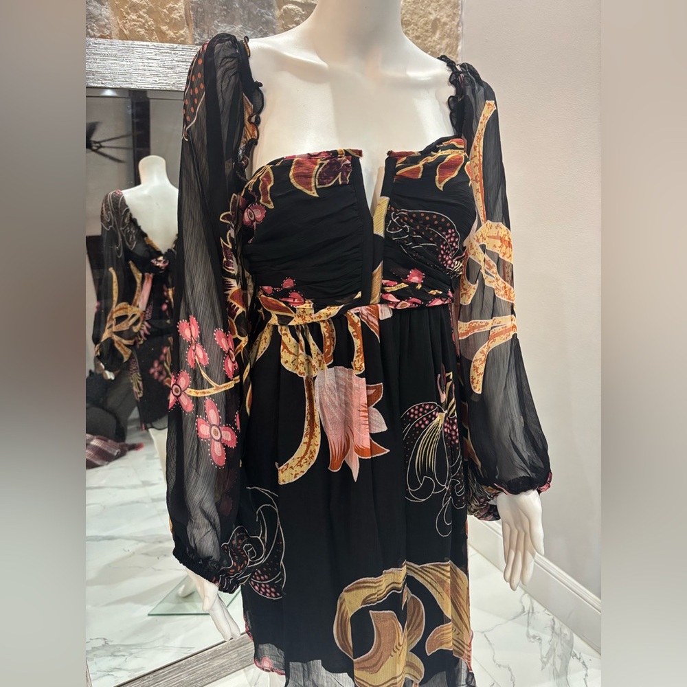 Black Floral Mini Dress with Pink and Gold Accents, Anthropologie, Sz 1X